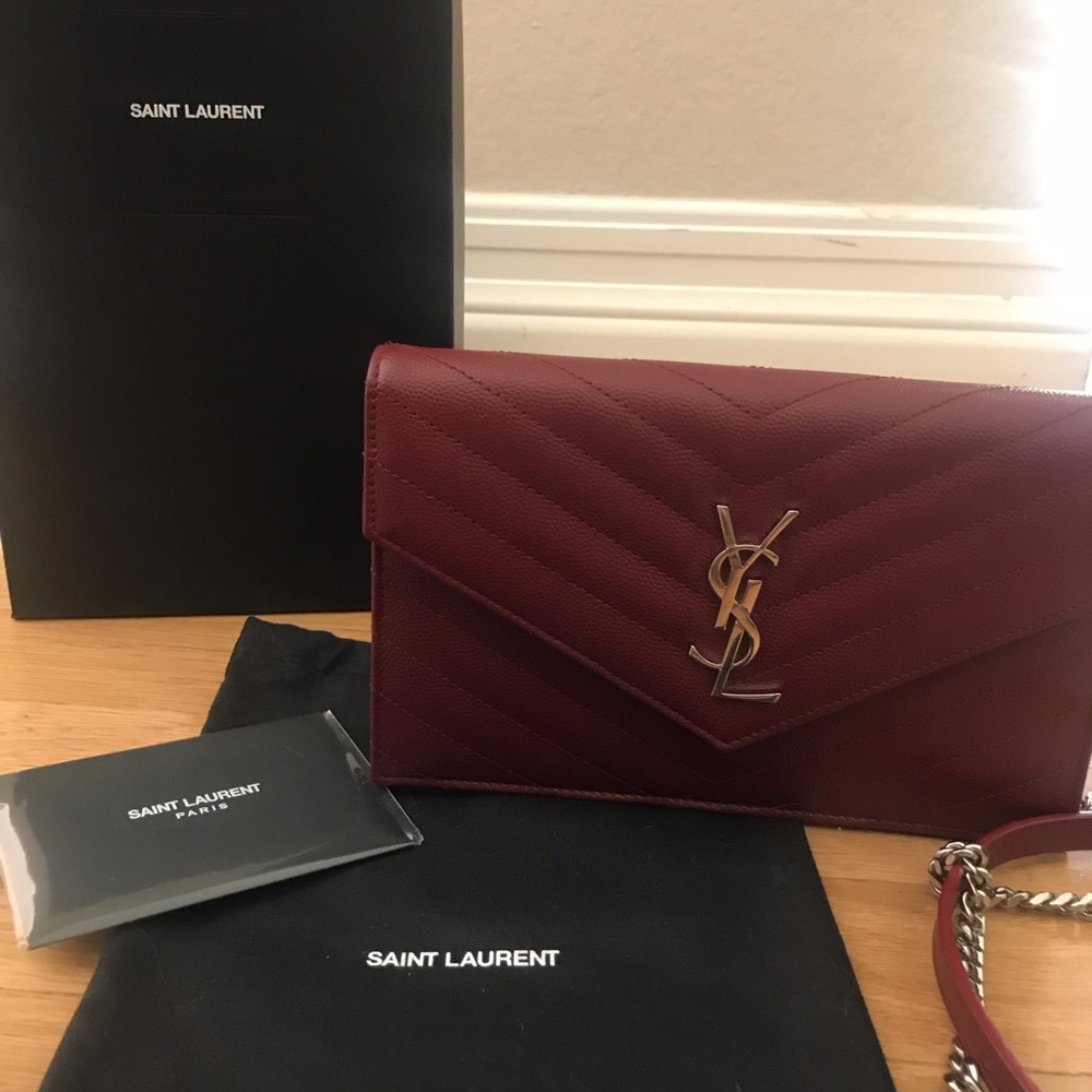 YSL burgundy envelope purse with box